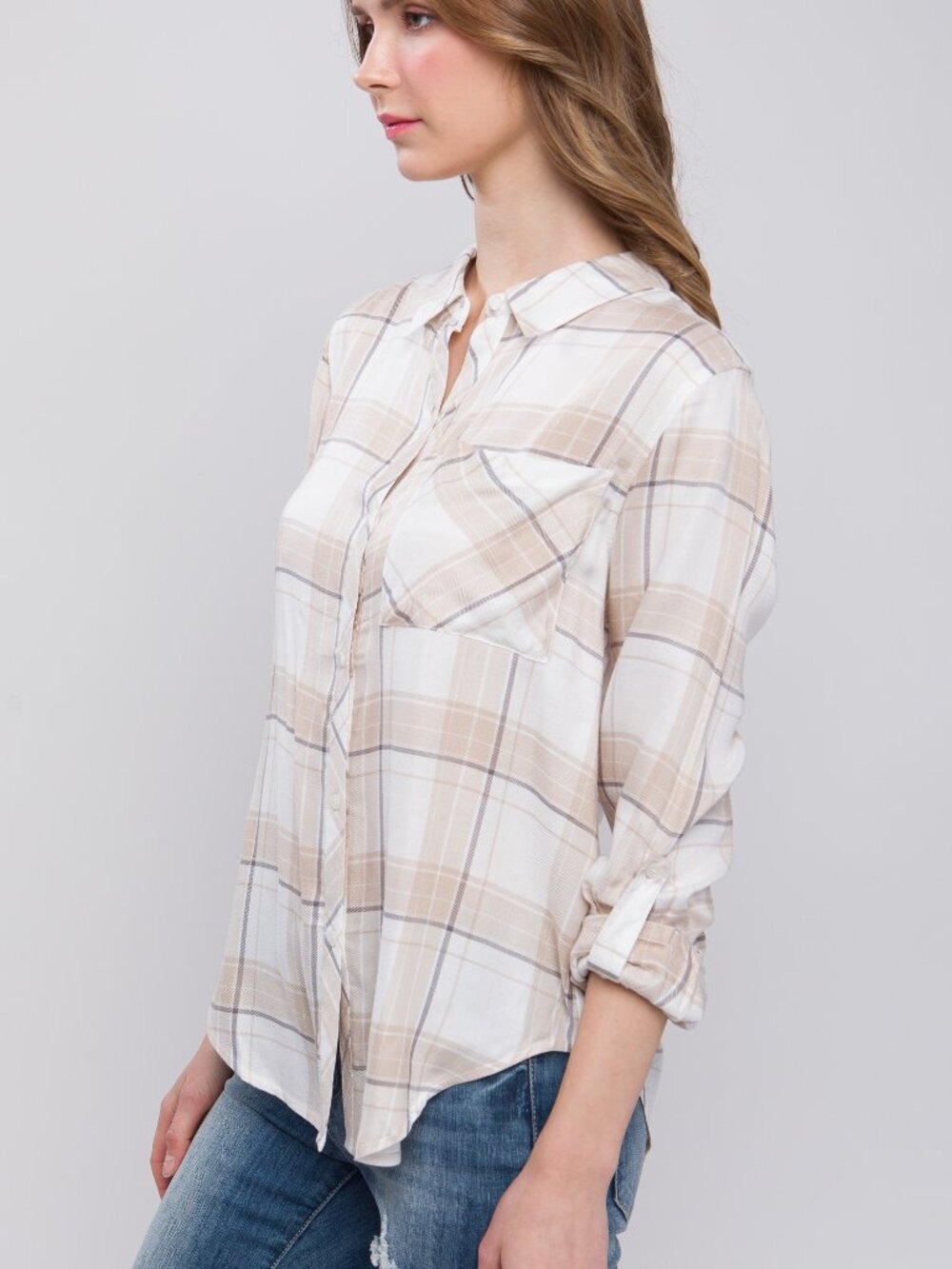 Lightweight Plaid Button-Up - Khaki - Picture 7 of 11